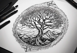 tattoo fine line, contendo árvore da vida, símbolos geométricos, textos em latim sobre força e coragem, DNA,  no ante braço masculino tattoo idea