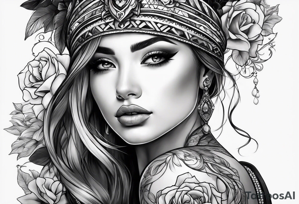 Half of beautiful woman face is closed with the arm tattoo idea