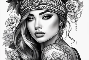 Half of beautiful woman face is closed with the arm tattoo idea
