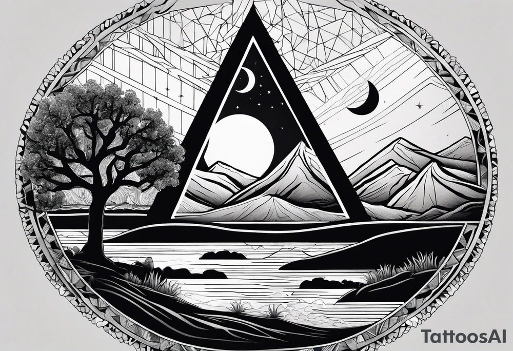 Oak tree by a flowing river with mountains and the sun and crescent moon in the background all inside of a geometric triangle. Some of the image will utilize negative space tattoo idea