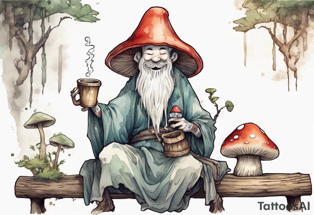 a kodama with a long beard wearing a mushroom hat and a medieval tunic drinking from a wood cup, sitting on a bench laughing tattoo idea