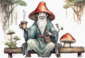 a kodama with a long beard wearing a mushroom hat and a medieval tunic drinking from a wood cup, sitting on a bench laughing tattoo idea