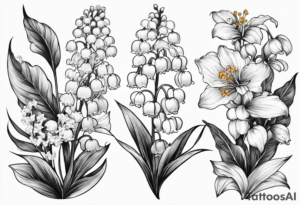 4 flowers. Lily of the valley. Marigold, chrysanthemum, and Lily combined together vertically with small leaves and vines tattoo idea