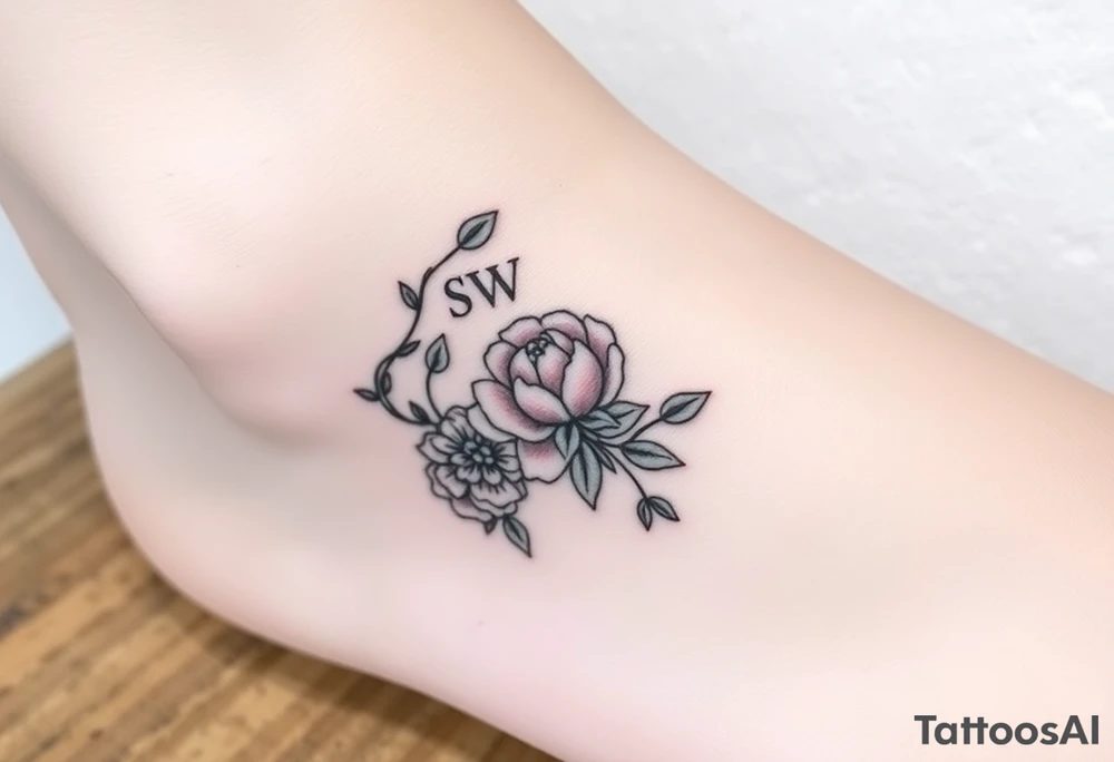 please create an ankle tattoo that is dainty.  There should be vining green leaves that wrap around the circumference of the ankle  at the ankle bone there should be 2 small pink peonies.   the initials SW should be above and at an angle of the peonies and the initials DD should be below and at an angle. tattoo idea
