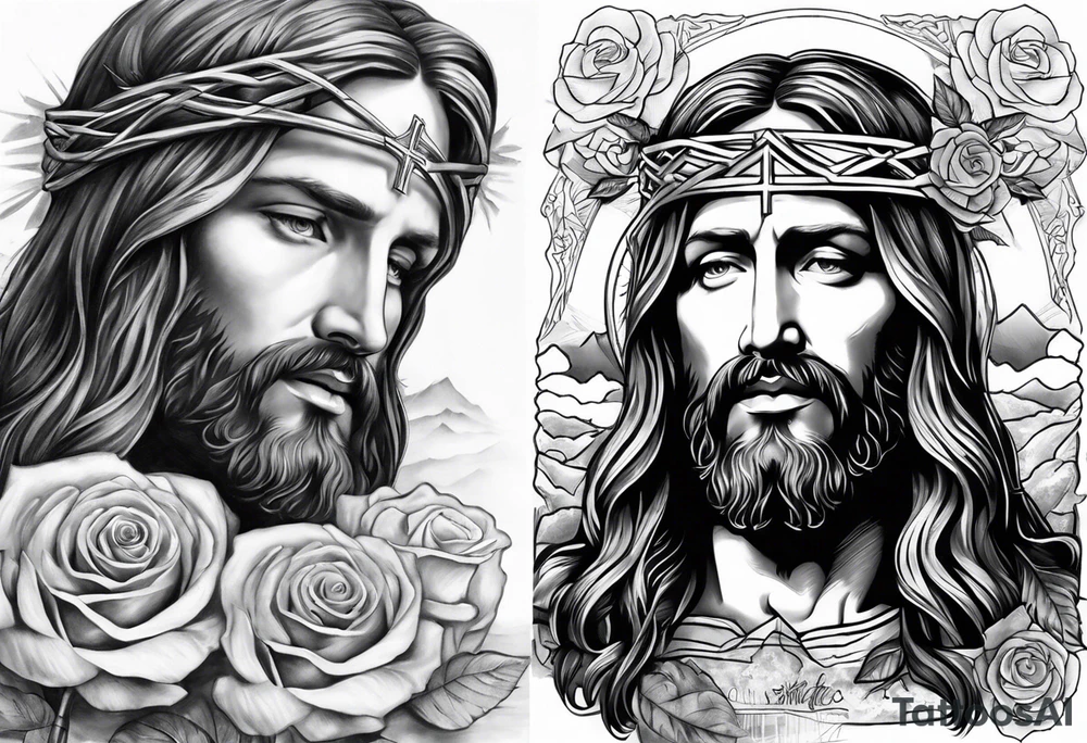 make a forearm sleeve that portraits Jesus Christ cross and mountains with roses tattoo idea