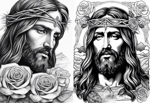 make a forearm sleeve that portraits Jesus Christ cross and mountains with roses tattoo idea