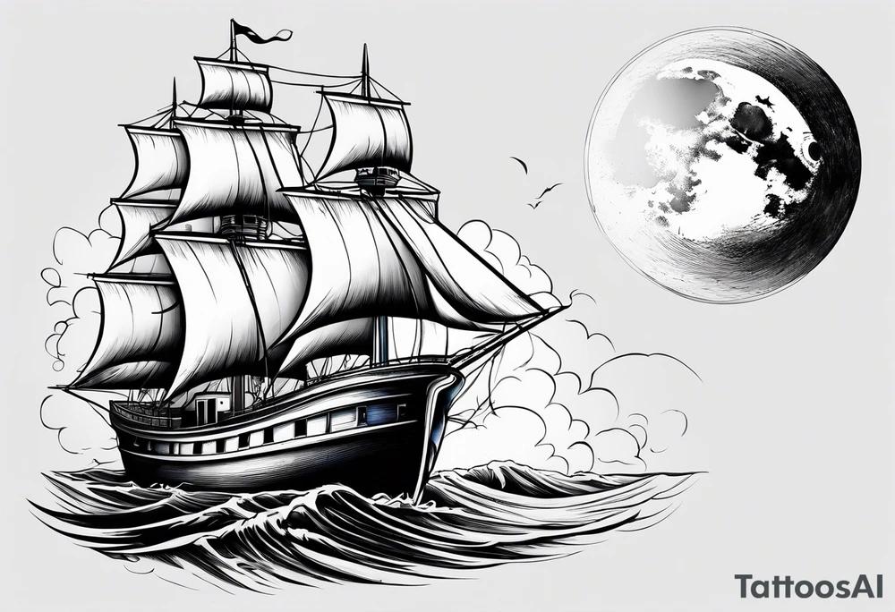 bateau, phare maritime et lune bleu tattoo idea