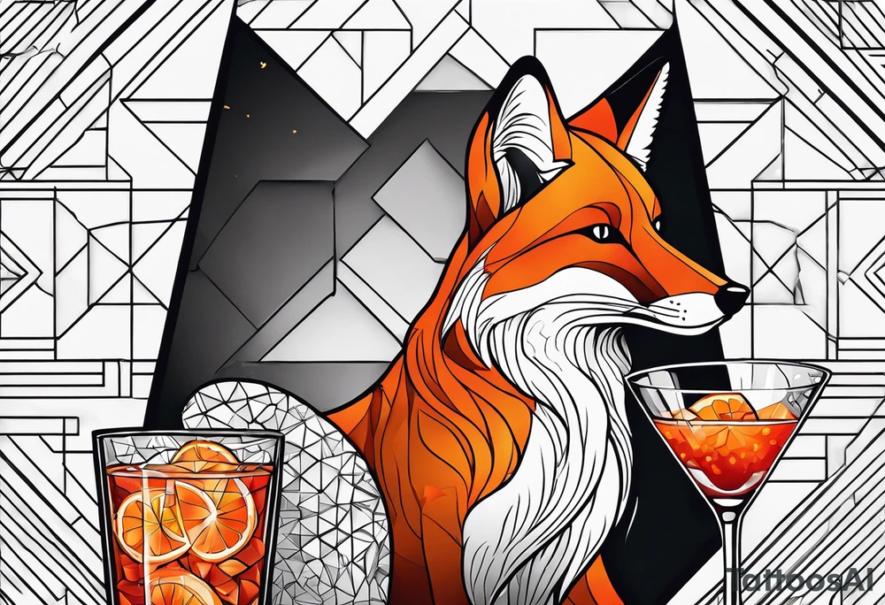 Adult male fox with one Negroni in short lowball cocktail glass with ice and orange peel with geometric background tattoo idea