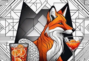 Adult male fox with one Negroni in short lowball cocktail glass with ice and orange peel with geometric background tattoo idea