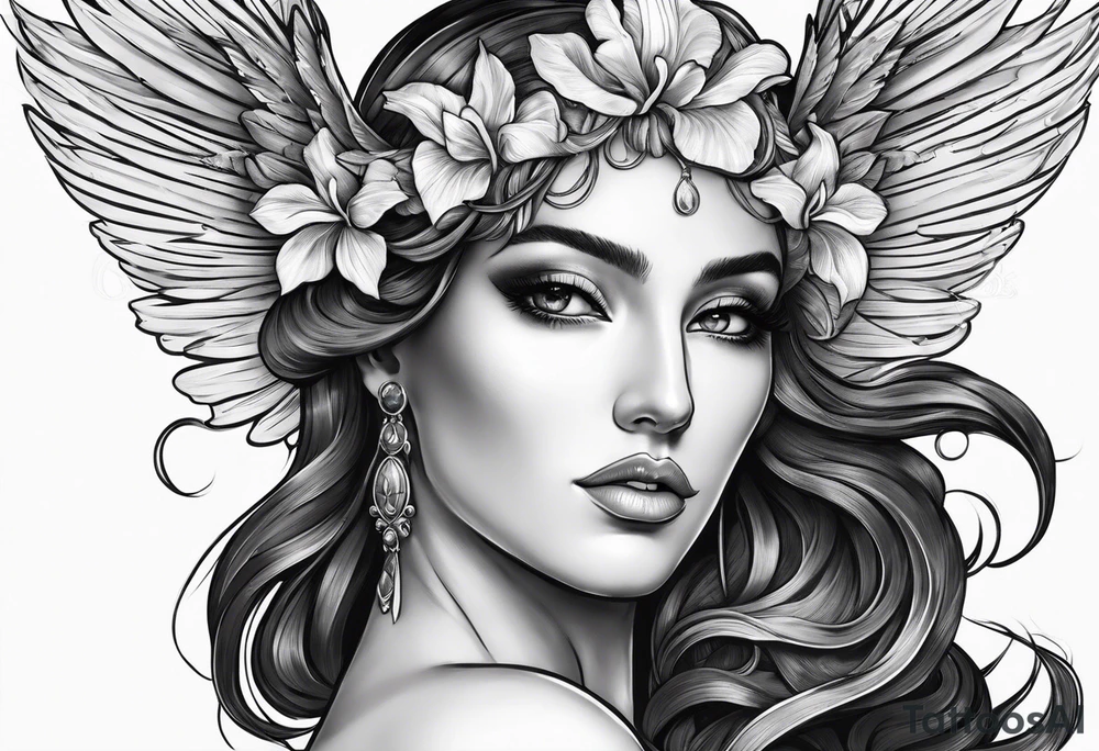 Greek goddess iris with wings coming from her back tattoo idea Greek goddess iris with wings coming from her back tattoo idea