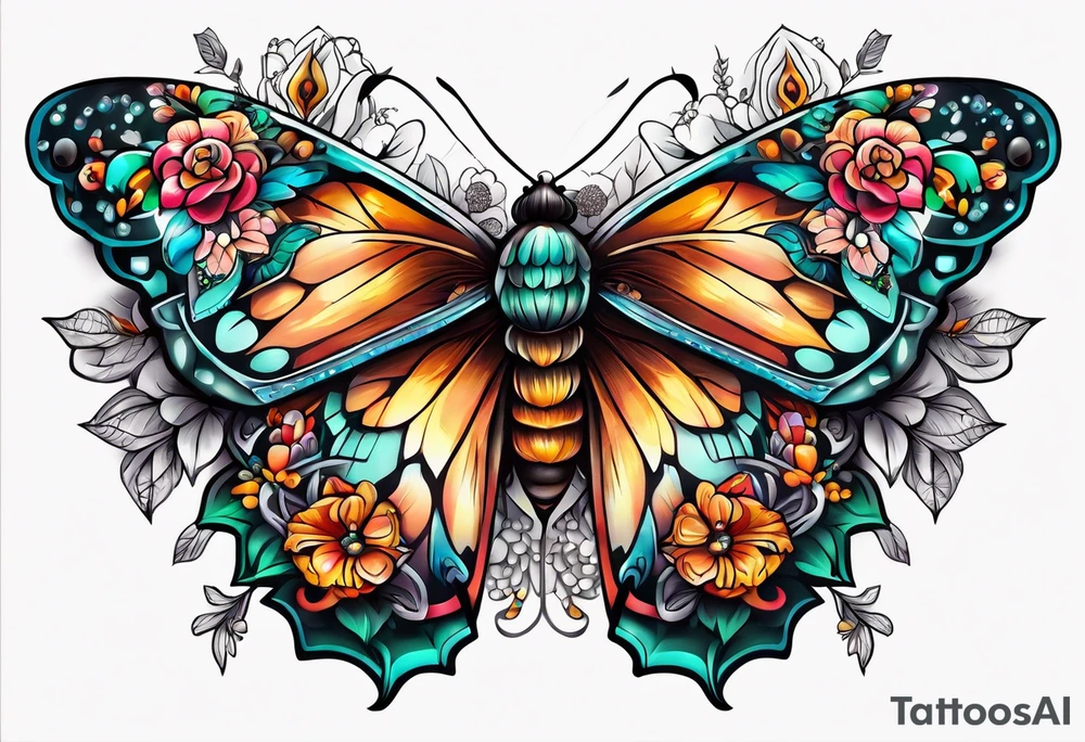 Flower chest piece, 
crystals, moth tattoo idea