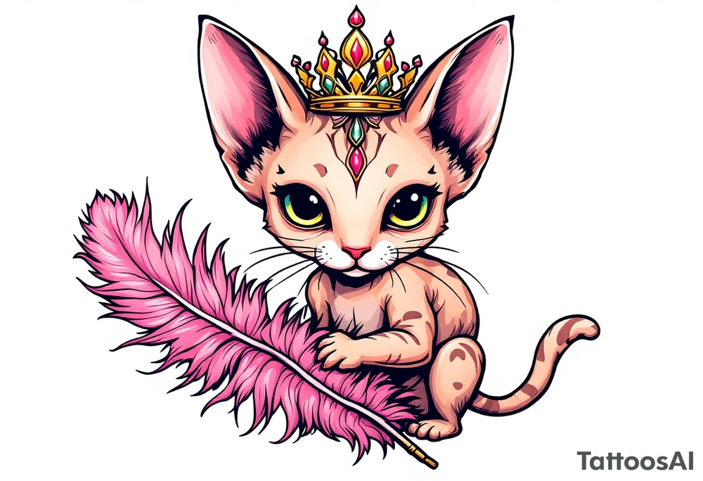 Chibi new school Glamorous sphinx cat holding 
pink feather boa and wearing a crown tattoo idea