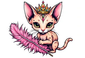 Chibi new school Glamorous sphinx cat holding 
pink feather boa and wearing a crown tattoo idea