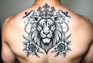 powerful majestic lion with a crown, surrounded by floral ornaments and birds tattoo idea