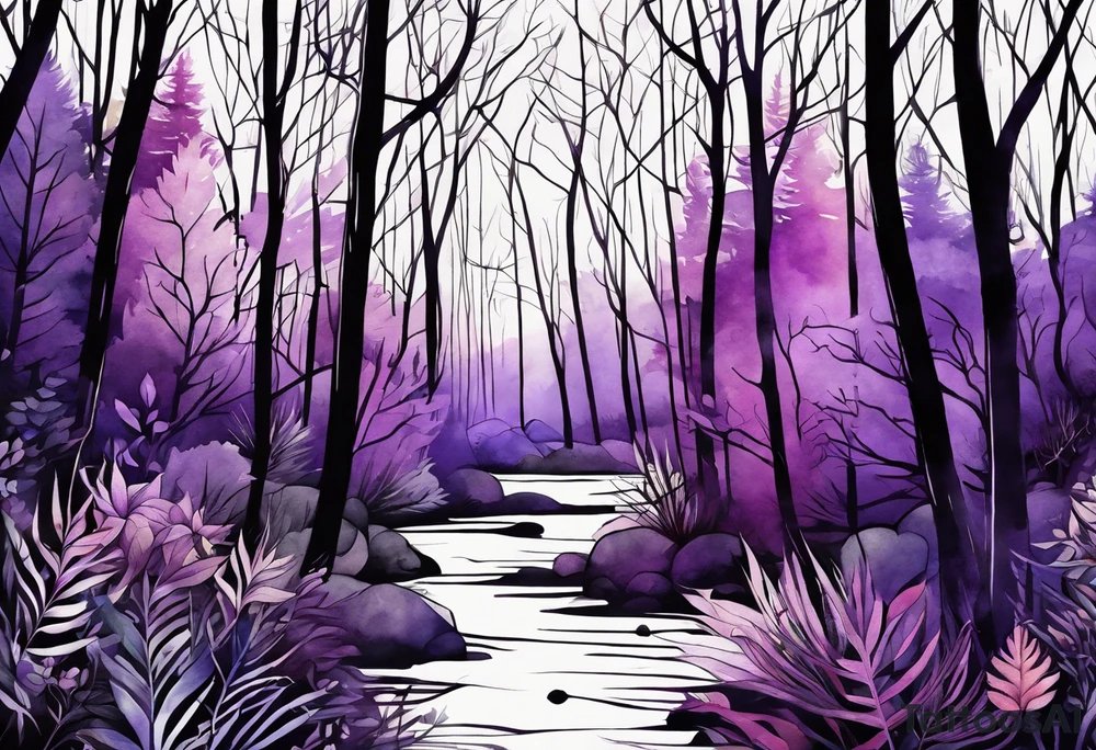 forest, lineswork, purple and black tattoo idea