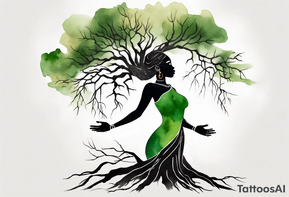 a tree with roots and a trunk that turns into a black woman reaching with her arms towards the sun, wearing a green tunic tattoo idea