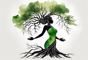 a tree with roots and a trunk that turns into a black woman reaching with her arms towards the sun, wearing a green tunic tattoo idea