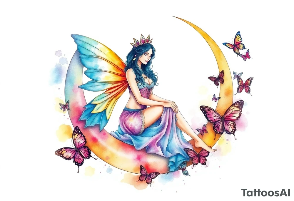 The fairy queen titania sitting on the crescent moon with butterflies tattoo idea