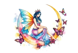 The fairy queen titania sitting on the crescent moon with butterflies tattoo idea