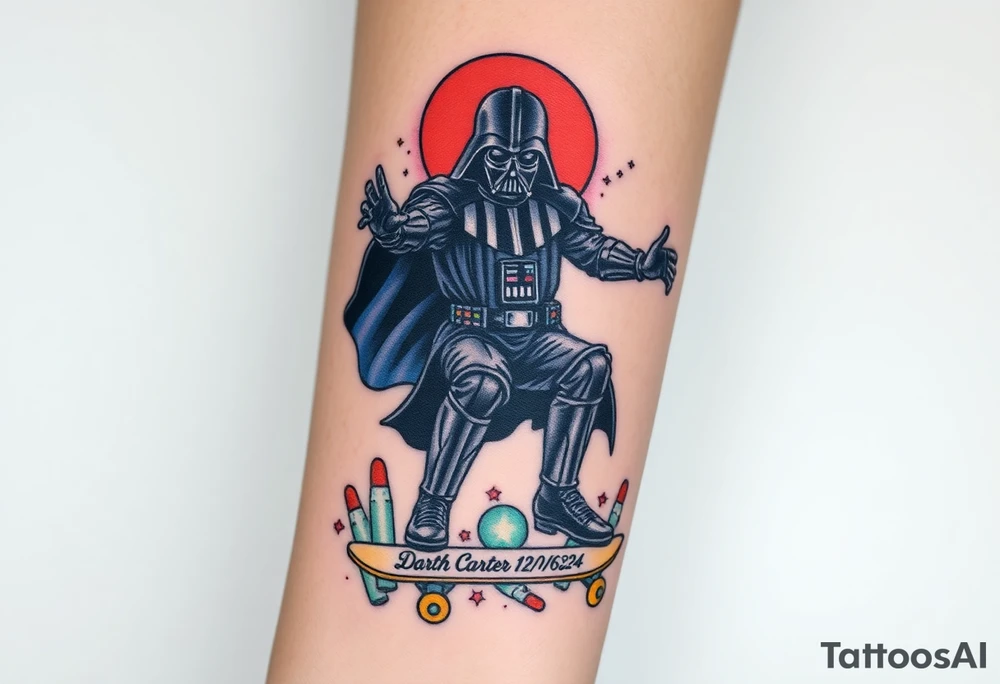 Darth Vader skateboarding > bullets > in loving memory > colors
add words "Darth Carter" to skateboard
add date 12/29/88-01/06/24 tattoo idea