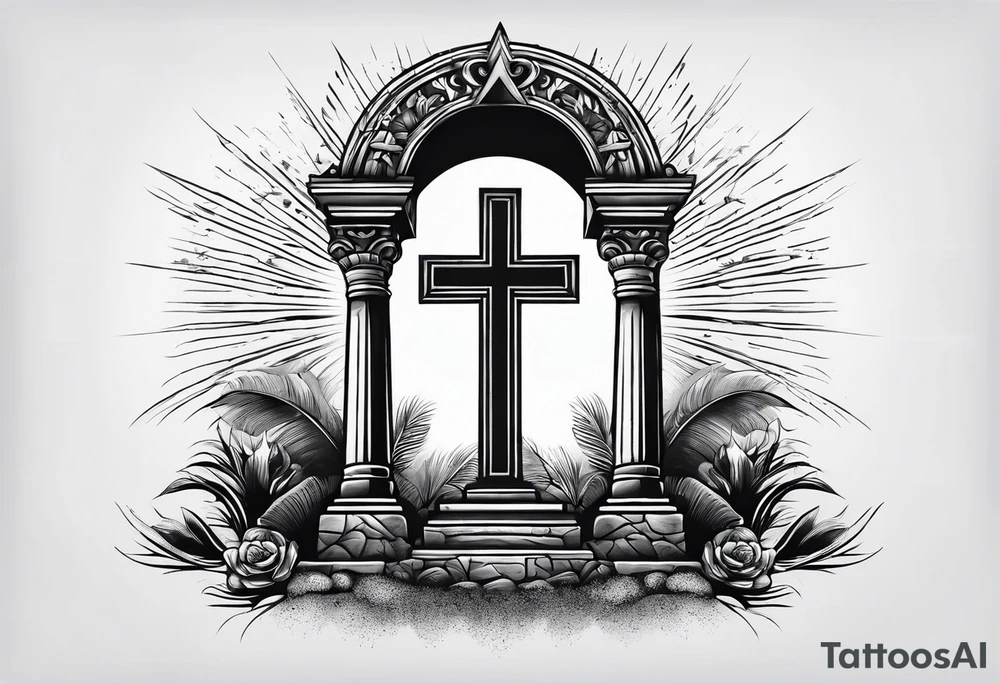 Tomb with cross and sun in the background tattoo idea