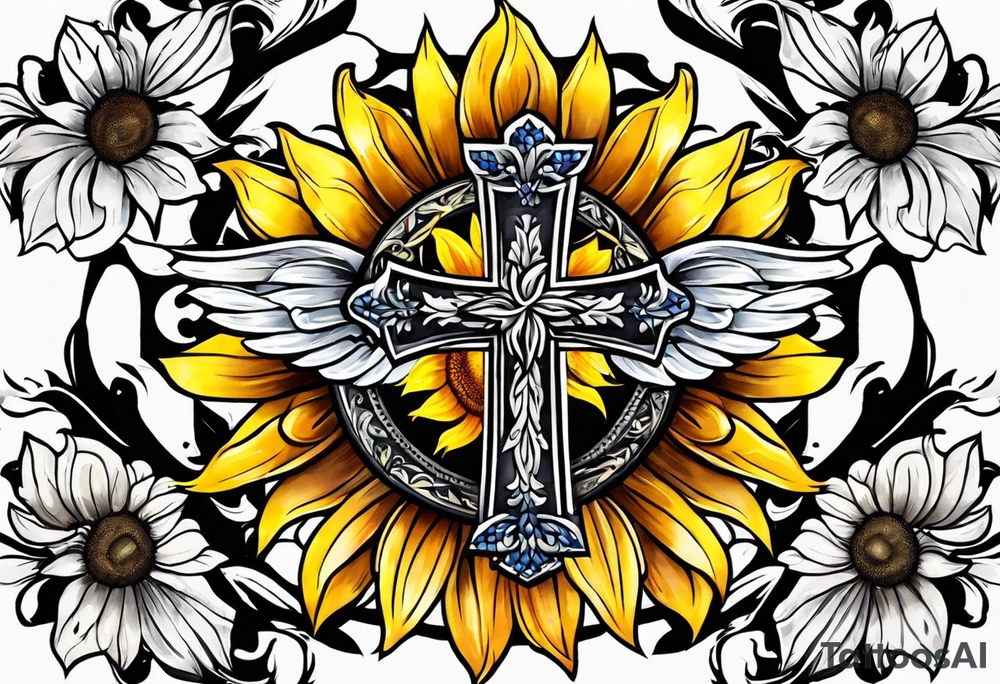 Winged cross with sunflower tattoo idea