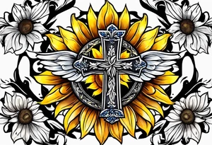 Winged cross with sunflower tattoo idea
