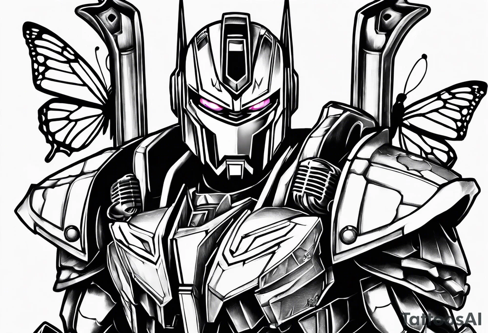 Optimus prime holding Sonic, a butterfly, saxophone, power ranger tattoo idea