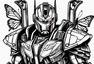 Optimus prime holding Sonic, a butterfly, saxophone, power ranger tattoo idea