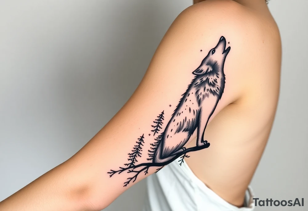 Lone wolf howling at the moon in the forest in the night Columba star tattoo idea