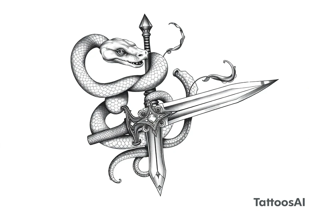 mystical snake coiled around an ancient dagger with jeweled hilt tattoo idea