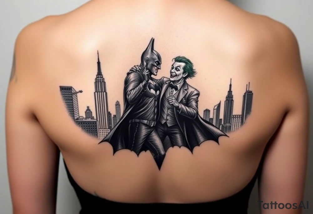 Large format batman and joker fighting in Gotham with buildings tops and bat signal light detailed tattoo idea