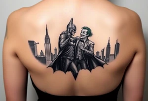 Large format batman and joker fighting in Gotham with buildings tops and bat signal light detailed tattoo idea
