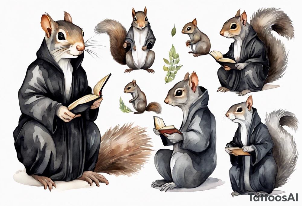 an elderly grey squirrel with a long beard wearing a black robe sitting in an ancient library tattoo idea