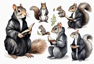 an elderly grey squirrel with a long beard wearing a black robe sitting in an ancient library tattoo idea