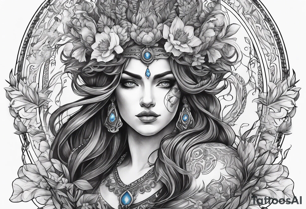 Hades with blue and red
shadowns and persephone symbols tattoo idea