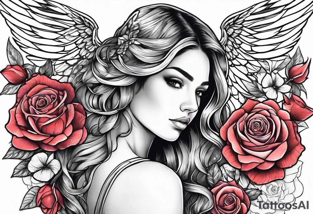 Beautiful woman angle with wings standing surrounded by roses tattoo idea