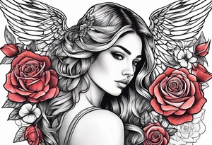 Beautiful woman angle with wings standing surrounded by roses tattoo idea