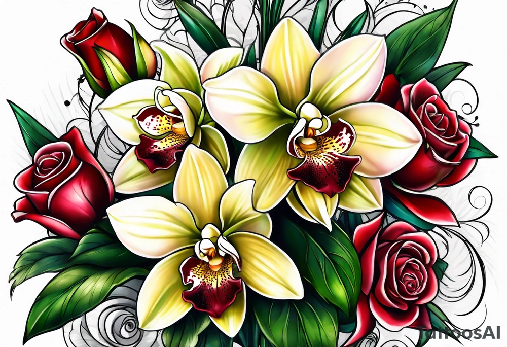 Cymbidium orchid and roses tattoo idea