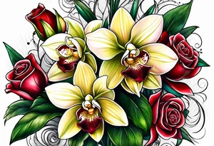 Cymbidium orchid and roses tattoo idea