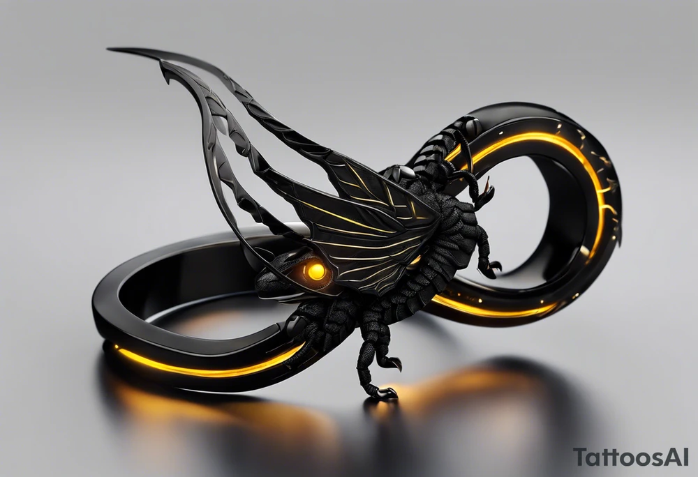 Winged scorpion with mystical details, such as glowing eyes and a tail that spirals, ending in a luminous stinger. Its body would have intricate patterns inspired by the Scorpio constellation, with a subtle glow that suggests power and mystery.

The creature could be accompanied by black-tinted bracelets encircling the arm. These bracelets could be designed with geometric lines or ancient symbols, creating a visual harmony between the creature and the bracelets, representing protection and connection with cosmic forces. The tattoo as a whole would evoke strength, mystery, and the intense essence of Scorpio. tattoo idea