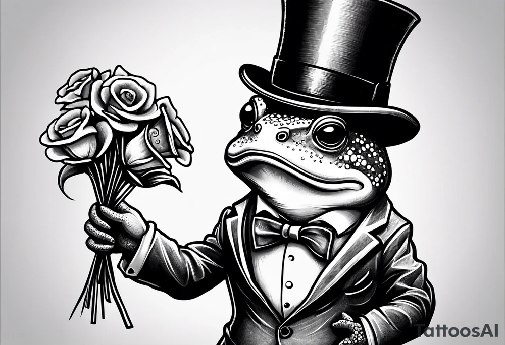 Cute toad standing on back legs  in a top hat and a formal suit holding flowers to go on a date tattoo idea