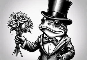 Cute toad standing on back legs  in a top hat and a formal suit holding flowers to go on a date tattoo idea