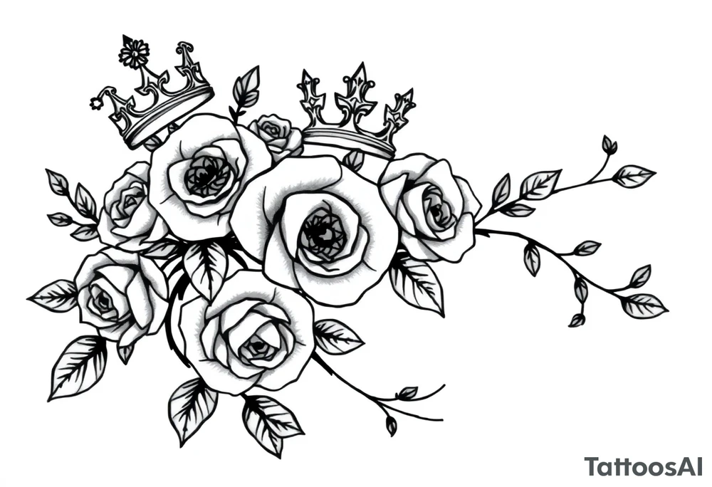 detailed beautiful gothic boho flowers and roses on vine with gorgeous crown ornamental tattoo idea