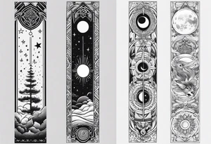 Long narrow spine tattoo. Includes moon, stars and ancient symbols tattoo idea