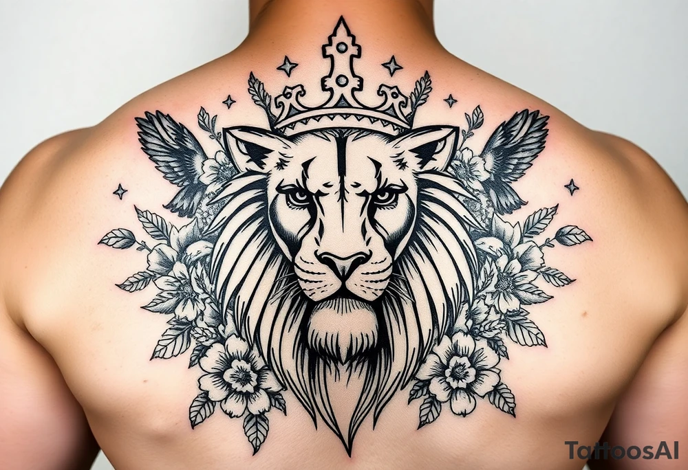 powerful majestic lion with a crown, surrounded by floral ornaments and birds tattoo idea