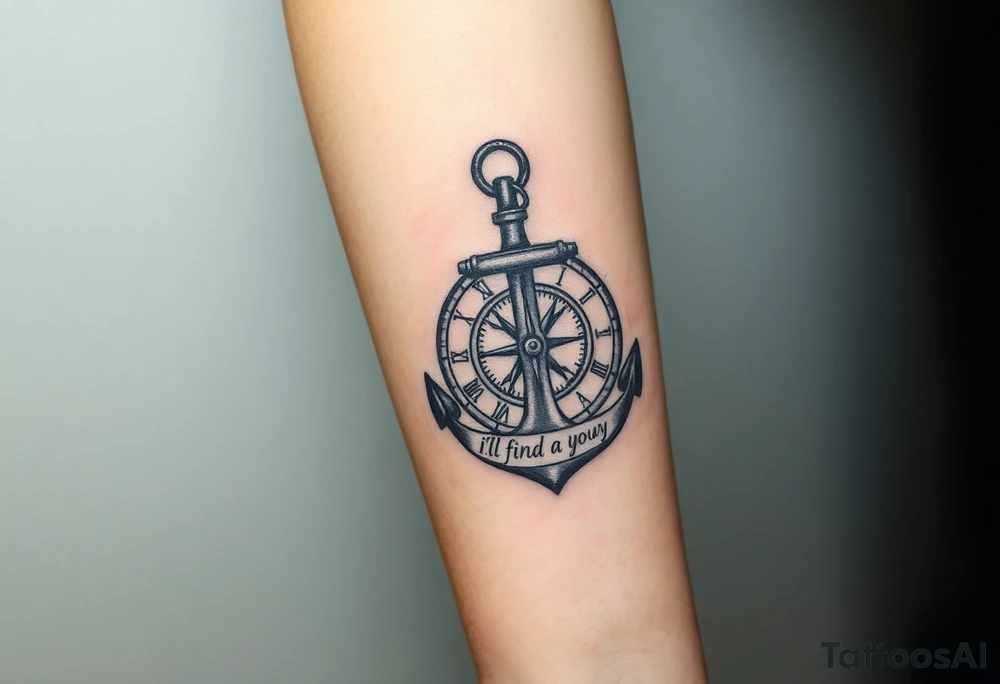 Inner forearm coverup.  Anchor leaned up against a broken clock that up against a compass with its gears around them a slash around the anchor that says i will find my way. tattoo idea