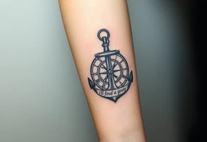 Inner forearm coverup.  Anchor leaned up against a broken clock that up against a compass with its gears around them a slash around the anchor that says i will find my way. tattoo idea