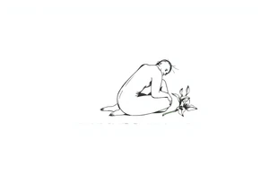 A simple tile floor with a minimalist outline of a curled up person sitting on the floor with a lily next to her tattoo idea