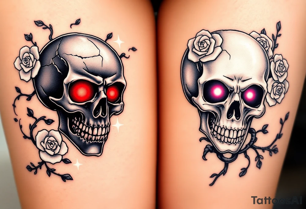 A bright, shining skull, with gentle white light emanating from the eyes and mouth, surrounded by white roses, opposed to a dark, evil skull, cracked and decaying, with red glowing eyes and blackened vines creeping around it. tattoo idea